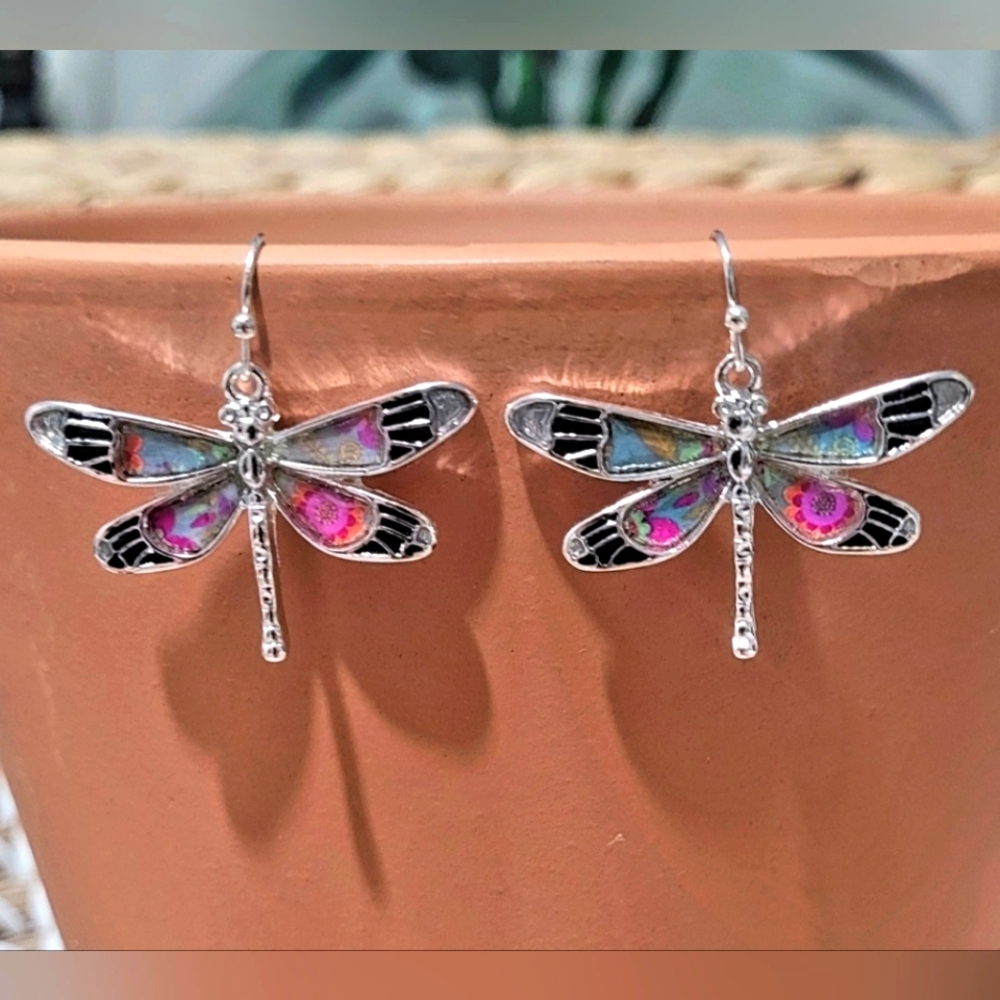 Silver And Colorful Enamel Boho Dragonfly Earrings New - Picture 1 of 3